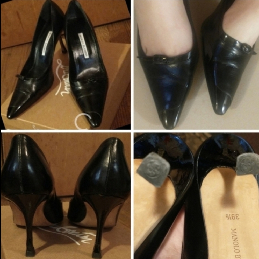 Manolo Blahniks Kid Patent Leather High Heels Elongated Toe Boxes Buckle Accents